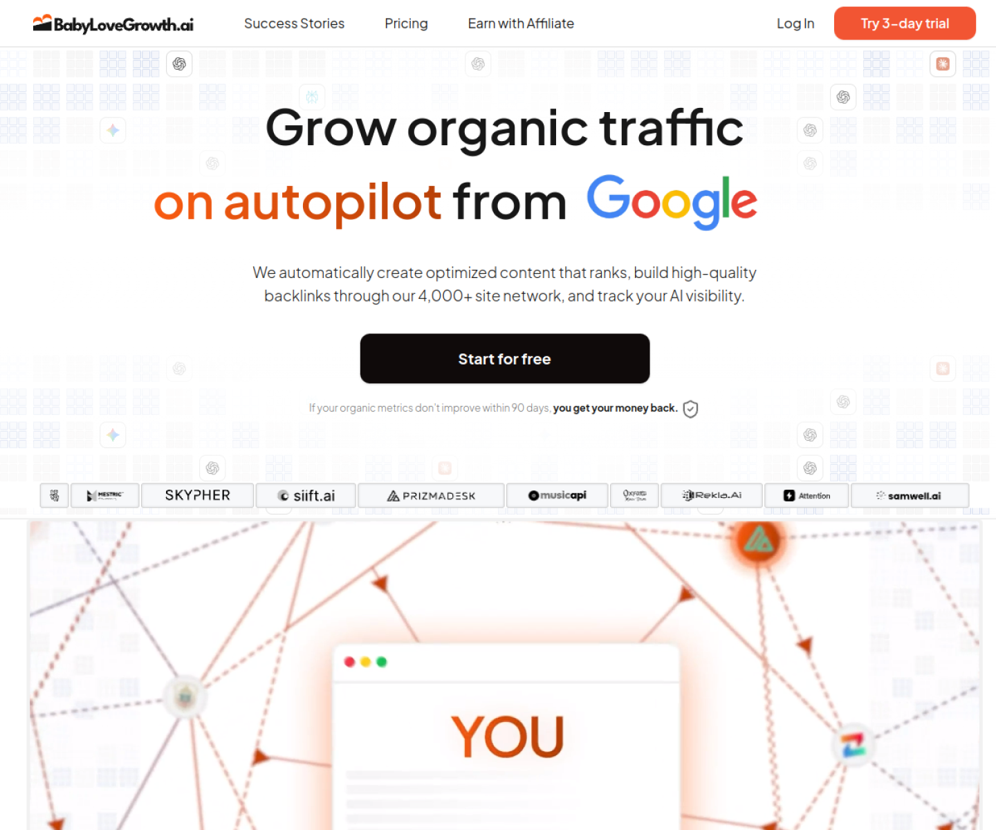 Screenshot of the BabyLoveGrowth.ai homepage, promising to grow organic traffic on autopilot from Google