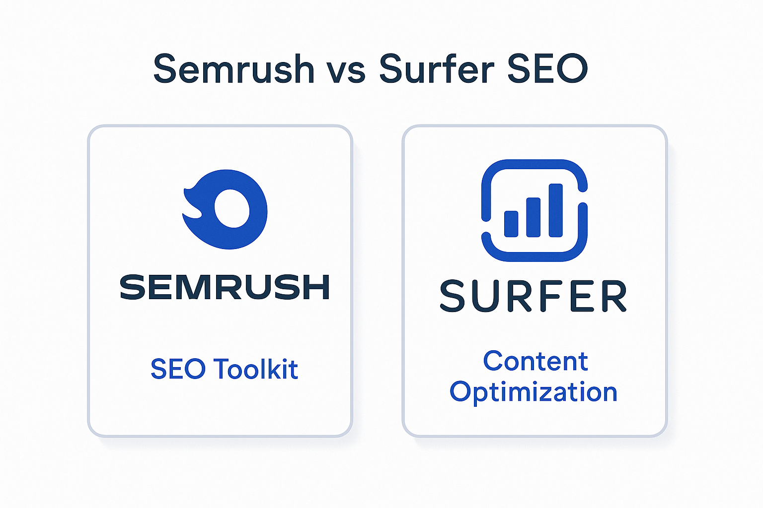 Infographic comparing Semrush (complete SEO platform), Surfer SEO (content optimization and AI visibility) and ChatSEO (AI on your real Search Console data)